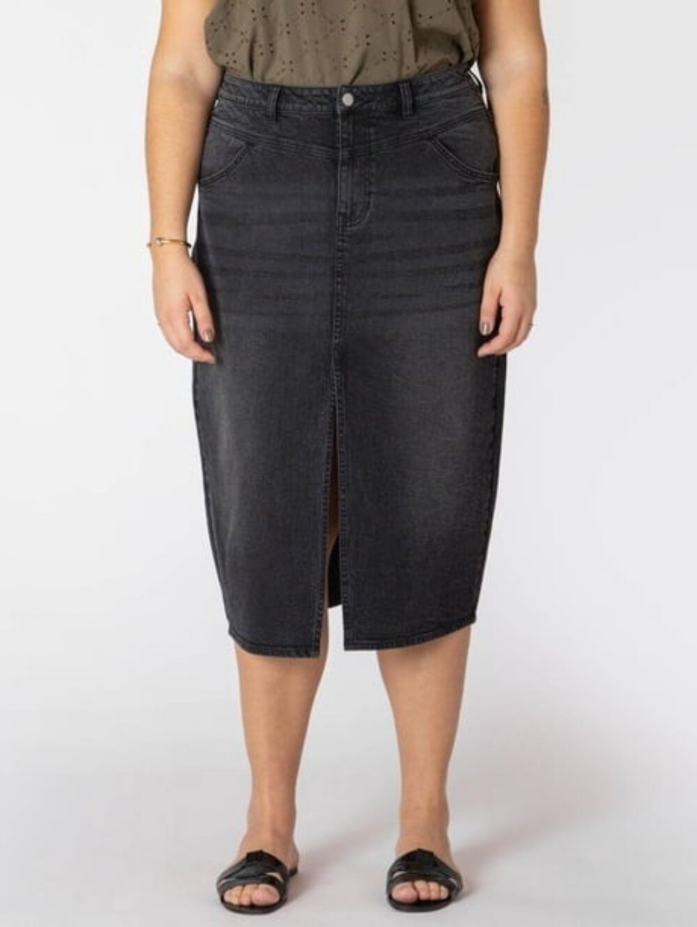 DEVOTED Black Denim Midi Pencil Skirt with Front Slit NWT